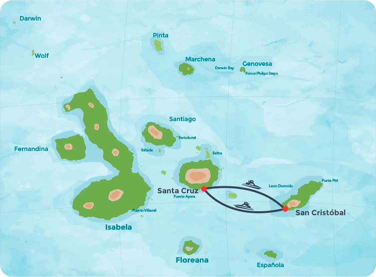 Mapa com a rota de lancha da ilha Santa Cruz para a ilha San Cristóbal e vice-versa em Galápagos.