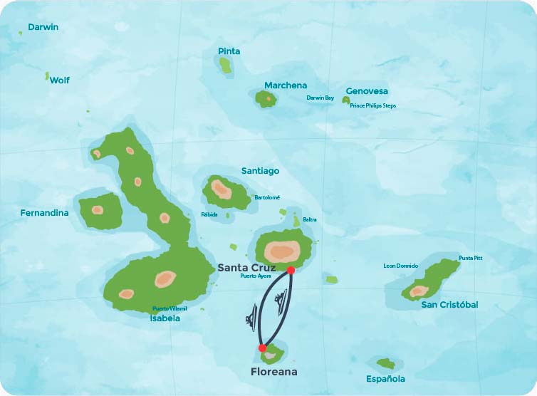 Mapa com a rota de lancha da ilha Santa Cruz para a ilha Floreana em Galápagos.