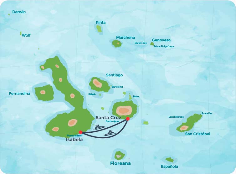 Mapa com a rota de lancha da ilha Santa Cruz para a ilha Isabela em Galápagos.